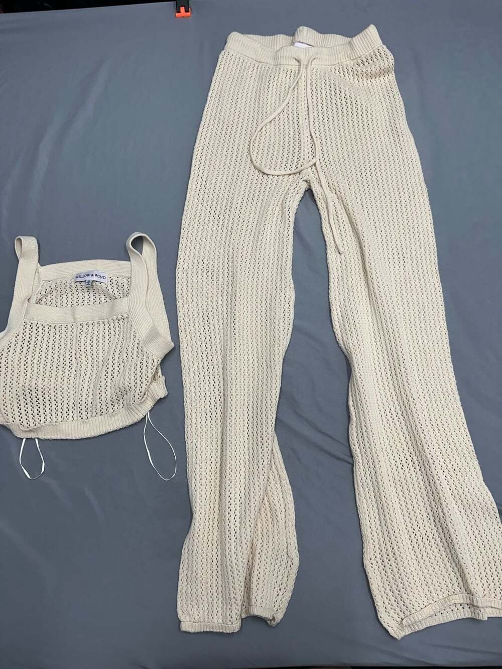 Willow & Wind Two-Piece Crochet Tank Top and Drawstring Wide-Leg Pant Set